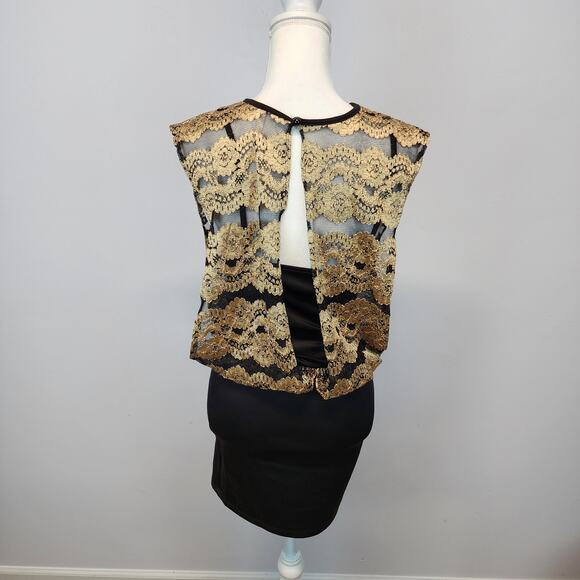 Vintage Y2K Gold Lace Banded Mini Dress Size S Bodycon Sleeveless Evening Glam - Picture 6 of 14